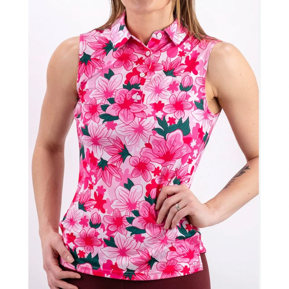 Pins & Aces Augusta Azaleas Sleeveless Polo Golf Shirt Size Small Pink Green - Picture 1 of 8